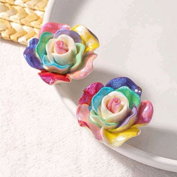New COLORFULL ROSE stud earrings fun whimsical kawaii - Picture 4 of 9